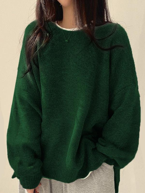 KIARA™ - Women's Drop Shoulder Split Hem Round Neck Sweater