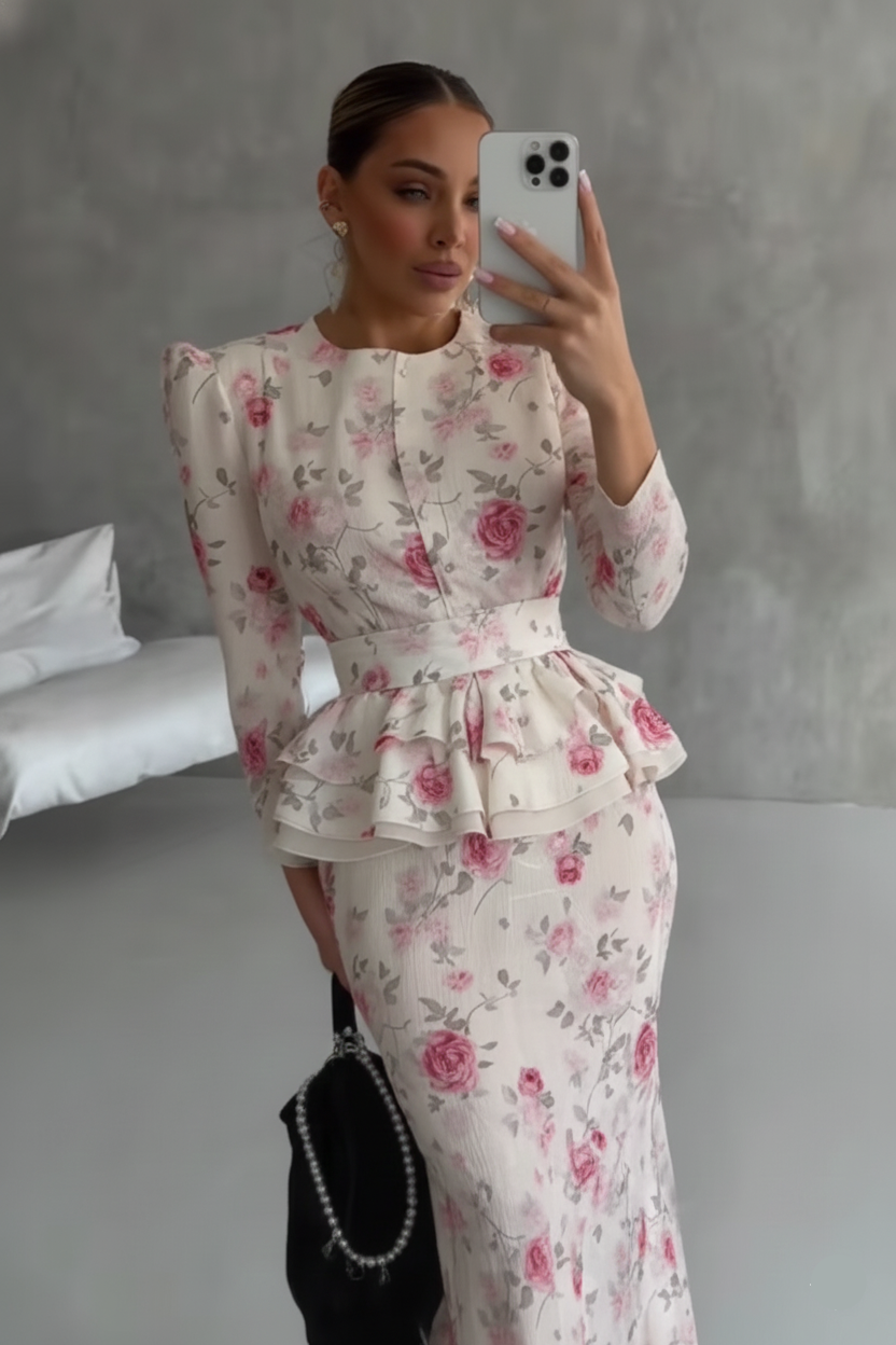 Floral Long-sleeved Top and Skirt Suit