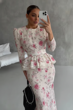 Floral Long-sleeved Top and Skirt Suit