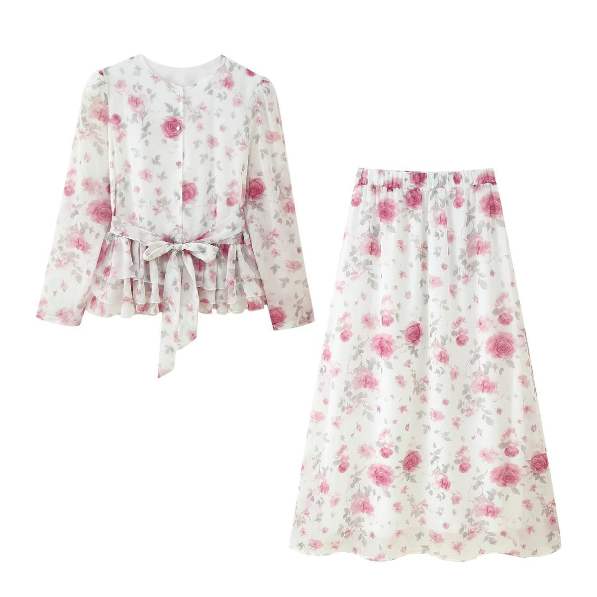 Floral Long-sleeved Top and Skirt Suit