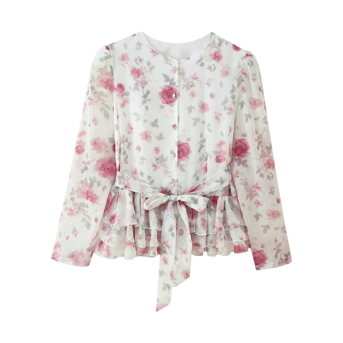 Floral Long-sleeved Top and Skirt Suit