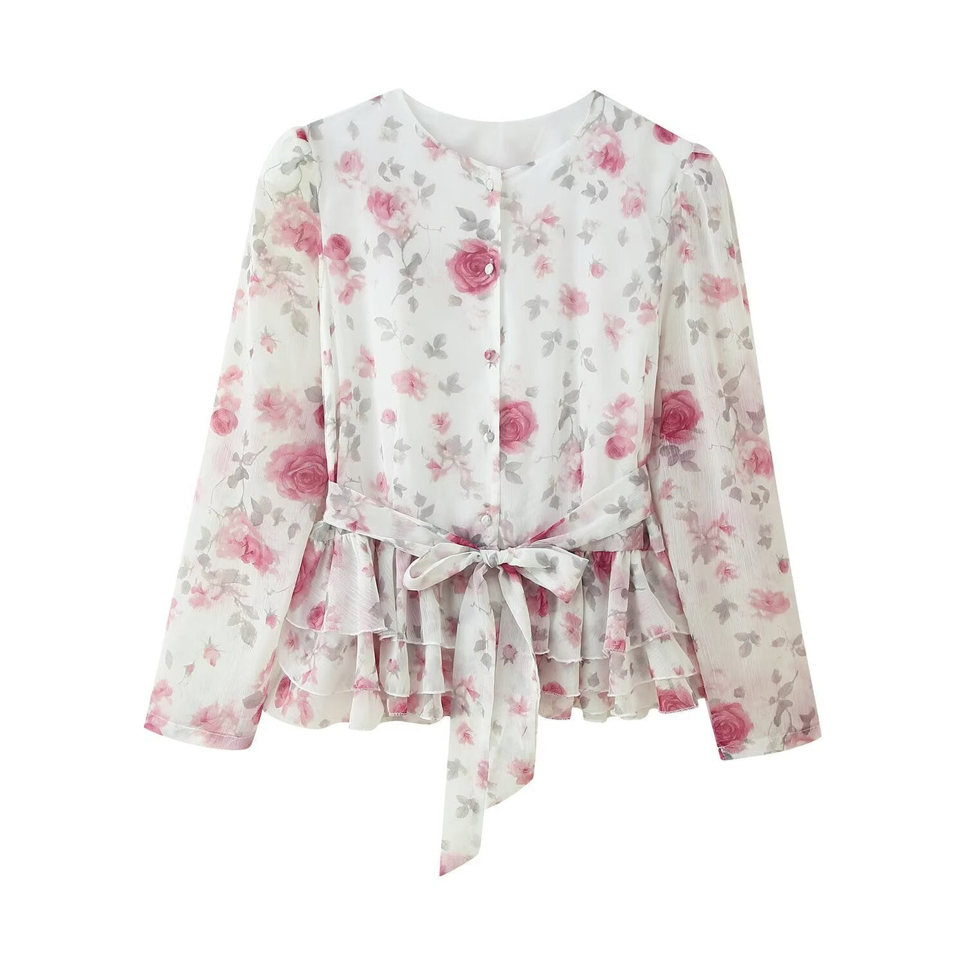 Floral Long-sleeved Top and Skirt Suit